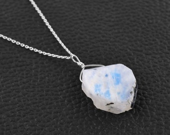 Raw Blue Sheen Moonstone Rough Crystal Dainty Pendant Necklace for Women, Birthstone Healing Crystals Wedding Gifts, Silver Chain Jewelry