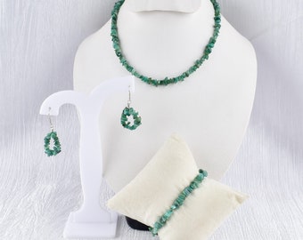 Handmade Emerald Nugget Jewelry Set: 925 Silver Necklace, Bracelet, Earrings