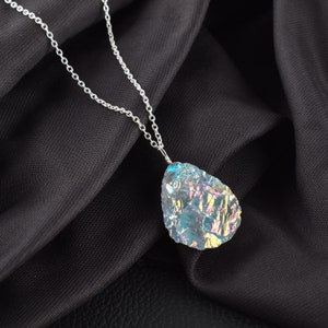 Raw Angel Aura Quartz Pendant Necklace: Silver Plated Chain, Healing Crystal