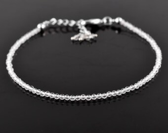 Natural White Topaz Gemstone Micro Bead Dainty Bracelet Jewelry for Women Healing Energy Crystals Gift for Her Silver Plated Chain 8 inch