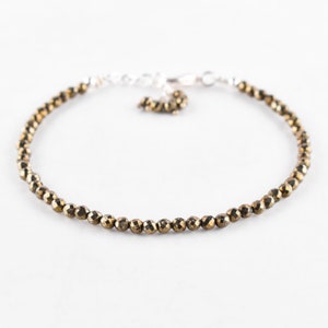 Natural Golden Pyrite Gemstone Micro Bead Dainty Bracelet Jewelry for Women, Healing Crystals Birthday Gifts for Her Silver Plated Chain 8&quot;