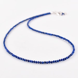 Natural Lapis Lazuli Gemstone Micro Bead Dainty Necklace Jewelry for Women Healing Energy Crystals Gift For Her Silver Plated Chain 18 inch