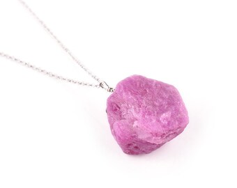 Raw Ruby Pendant Necklace: Sterling Silver Chain, July Birthstone