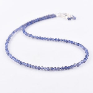 Natural Iolite Gemstone Micro Bead Dainty Necklace Jewelry for Women Healing Energy Crystals Gift for Her Silver Plated Chain 18 inch