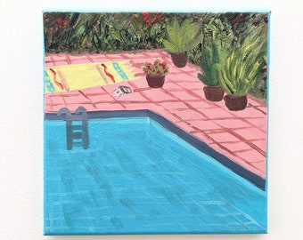 Swimming pool, acrylic painting on canvas with frame, 20 x 20 cm, original work of art