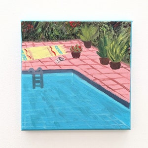 Swimming pool, acrylic painting on canvas with frame, 20 x 20 cm, original work of art image 1