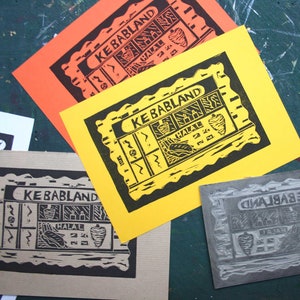 Kebabland, linocut print, original print, hand-engraved and printed wall art