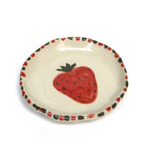 Small strawberry cup, enameled stoneware saucer, contemporary ceramic handmade in France