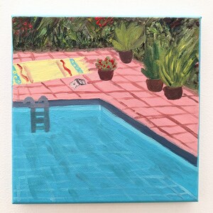Swimming pool, acrylic painting on canvas with frame, 20 x 20 cm, original work of art image 2