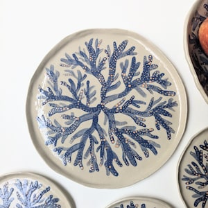 Navy blue and orange seaweed plate in glazed stoneware, hand-made and hand-painted ceramic, unique piece