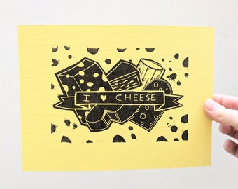 Cheese print "I love cheese", original linocut print, engraved and printed by hand, size A5