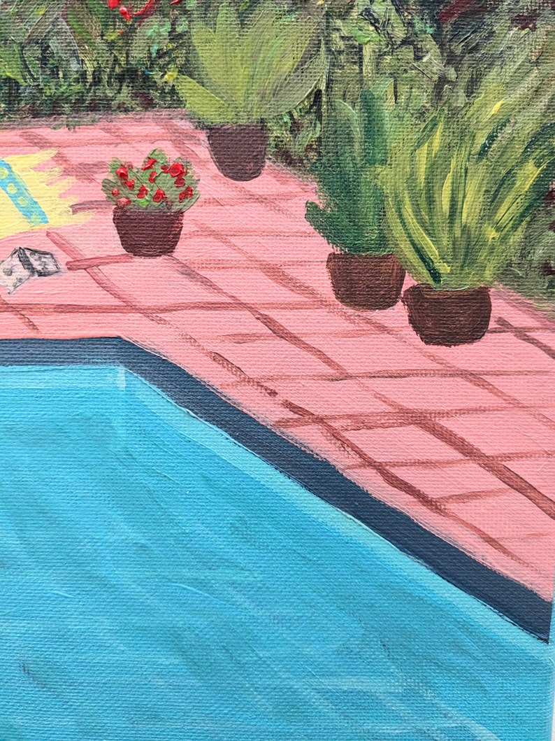 Swimming pool, acrylic painting on canvas with frame, 20 x 20 cm, original work of art image 6