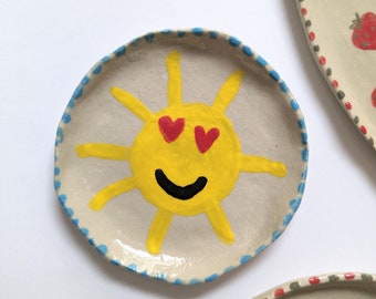 Small smiley sun cup in enameled stoneware, contemporary ceramic handmade in France, unique piece