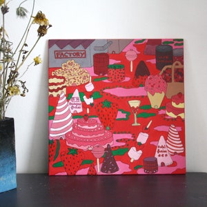 Peinture ville Fraise City, oeuvre d'art originale peinte à la main, décoration murale carton entoilé 20 x 20 cm
