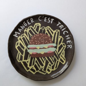 Handmade ceramic plate with hamburger design, unique piece image 2