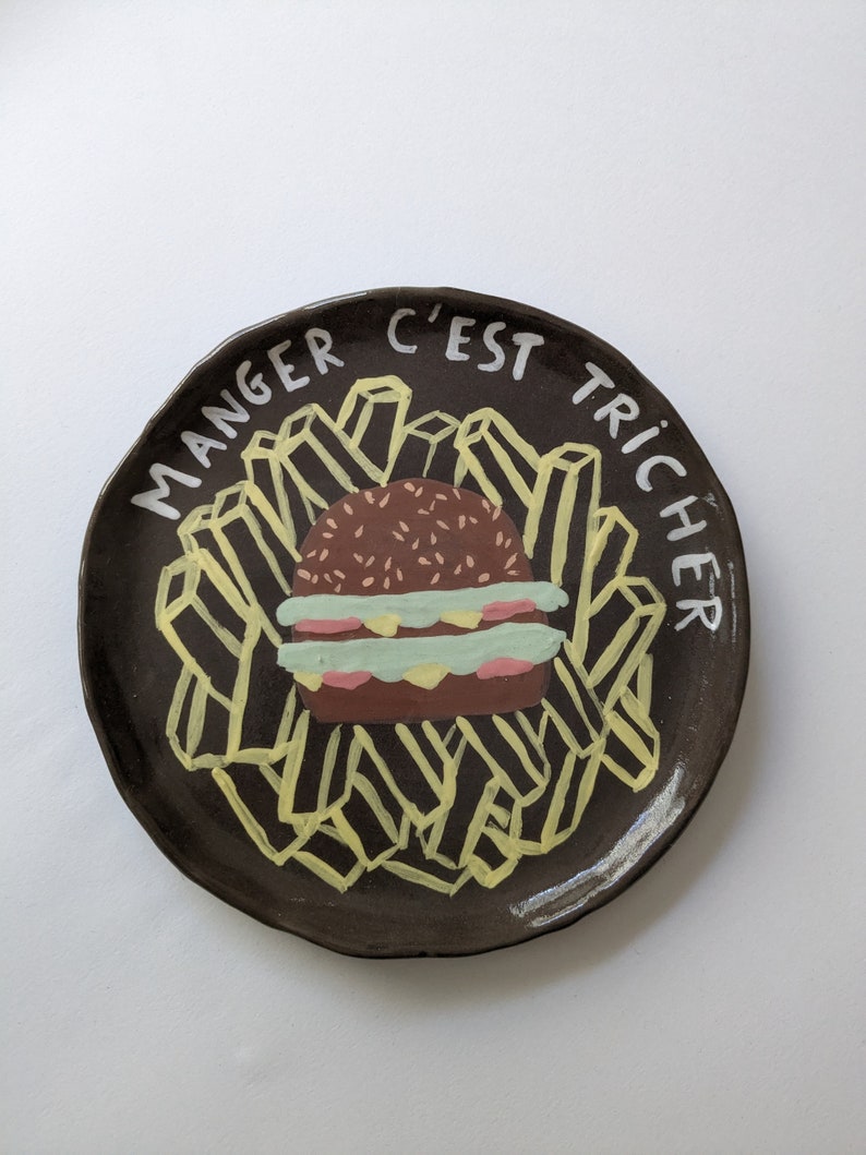 Handmade ceramic plate with hamburger design, unique piece image 2