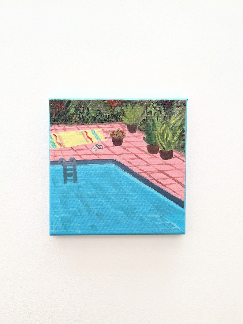 Swimming pool, acrylic painting on canvas with frame, 20 x 20 cm, original work of art image 1