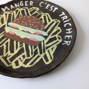 Handmade ceramic plate with hamburger design, unique piece image 3