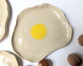 Small ceramic fried egg cup, mini hand-made stoneware plate.