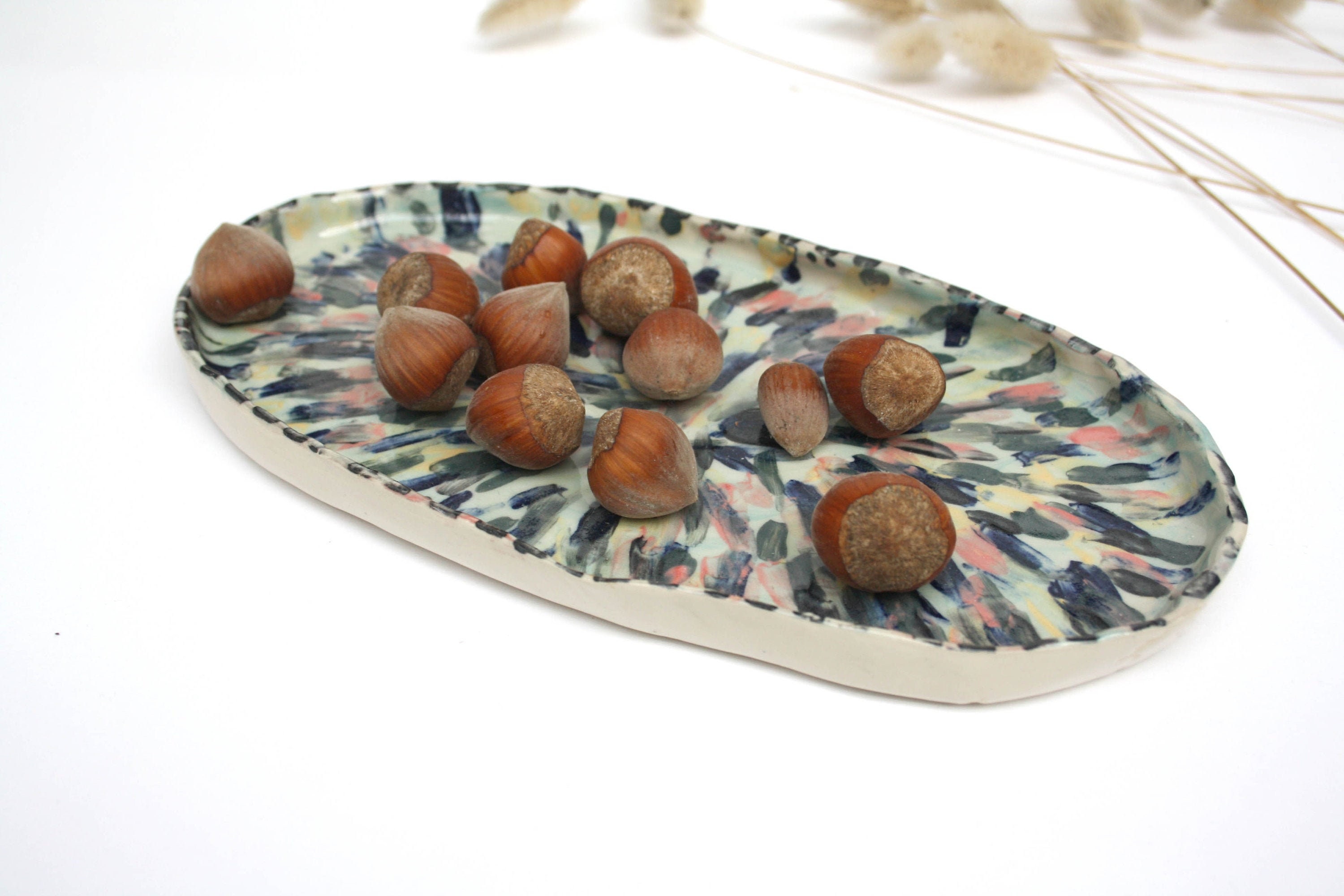 Plat Forme Ovale en Grès Émaillé, Motif Style Peinture Abstraite, Pointillisme, Pièce Unique, Cérami