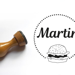 Tampon hamburger personnalisé en bois et caoutchouc, fabrication artisanale française, idée cadeau kawaï, diamètre 3 cm