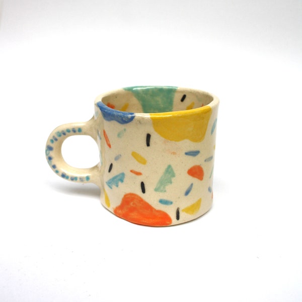 Small sandstone mug/mug with hand-painted colorful patterns, contemporary ceramics, unique craft pottery piece
