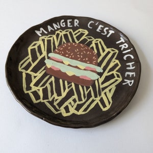 Handmade ceramic plate with hamburger design, unique piece image 6