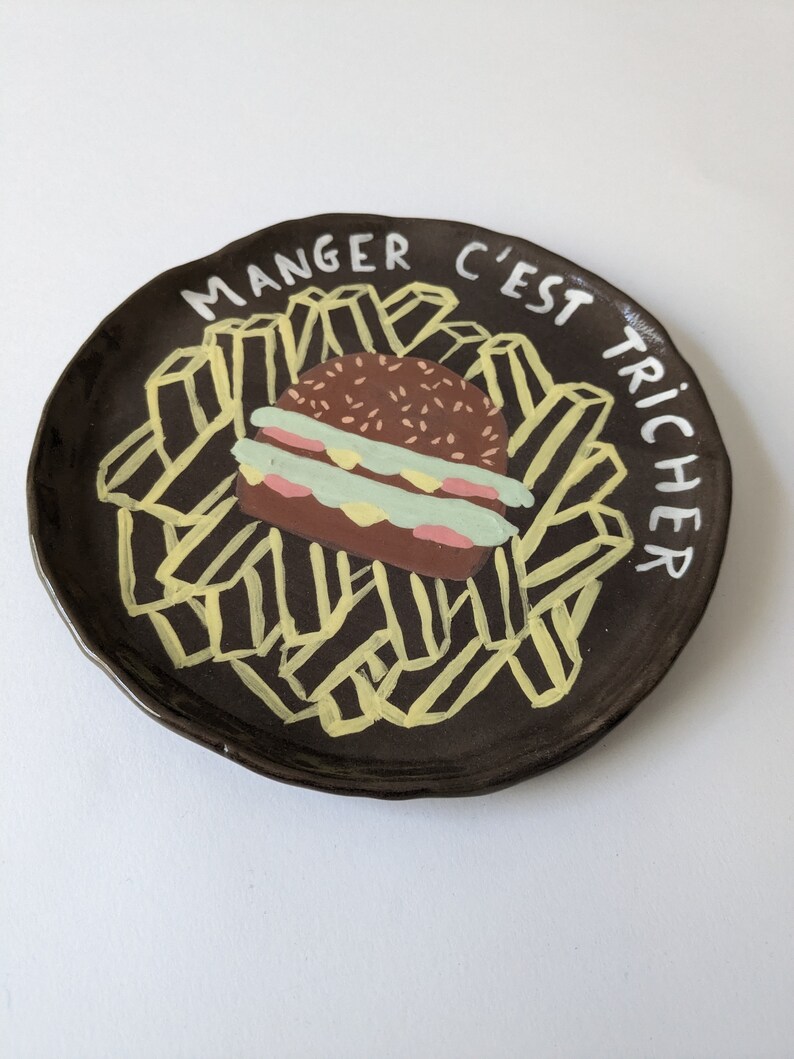 Handmade ceramic plate with hamburger design, unique piece image 6