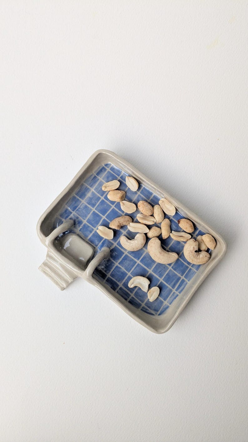 Puede incluir: Una bandeja rectangular de cer&aacute;mica con forma de piscina, con borde gris claro y un patr&oacute;n interior de azulejos azules. Una peque&ntilde;a escalera gris est&aacute; unida a un lado del cuenco. La bandeja contiene una dispersi&oacute;n de cacahuetes.