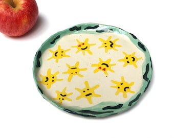 Ceramic plate illustrated smiley suns emotions in enameled stoneware, handmade in France, unique piece