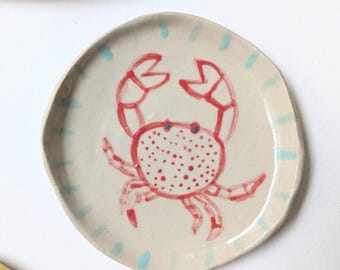 Small crab bowl in glazed stoneware, ceramic made and painted by hand