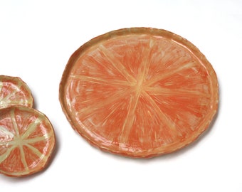 Enamel sandstone grapefruit plate, unique handcrafted piece, shiny enamel, contemporary ceramics handmade in France
