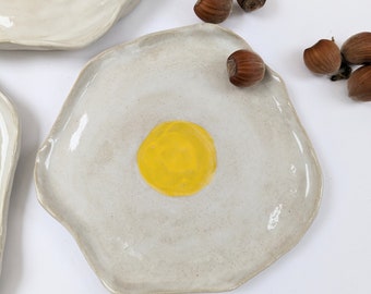 Small ceramic fried egg plate, hand-made stoneware plate.