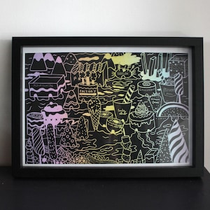 Dessin "Sweet City" réalisé à la carte à gratter, oeuvre d'art originale et unique 28 x 19 cm