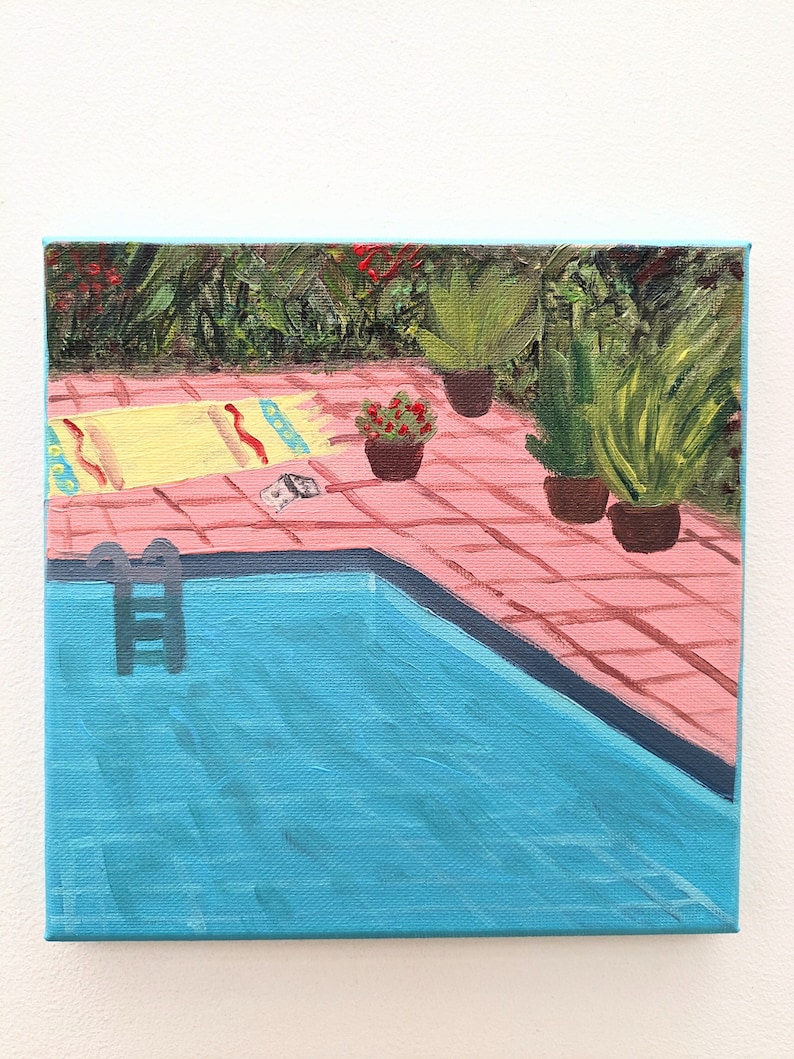 Swimming pool, acrylic painting on canvas with frame, 20 x 20 cm, original work of art image 2