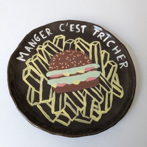 Handmade ceramic plate with hamburger design, unique piece image 5