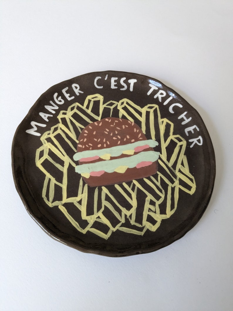 Handmade ceramic plate with hamburger design, unique piece image 5