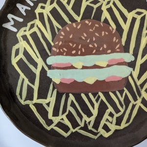 Handmade ceramic plate with hamburger design, unique piece image 4