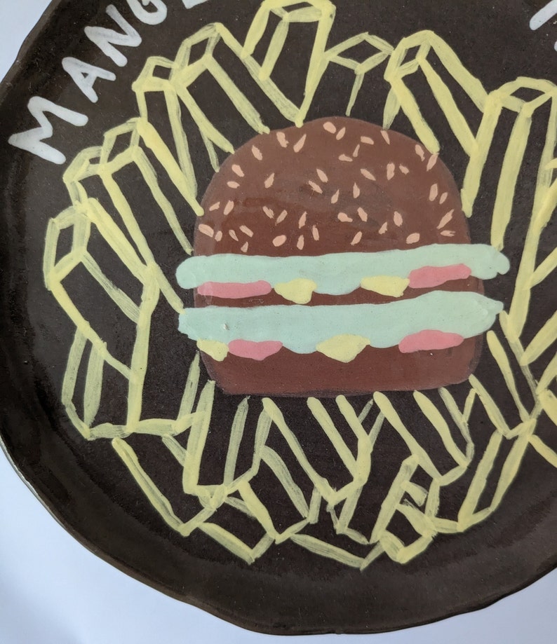 Handmade ceramic plate with hamburger design, unique piece image 4