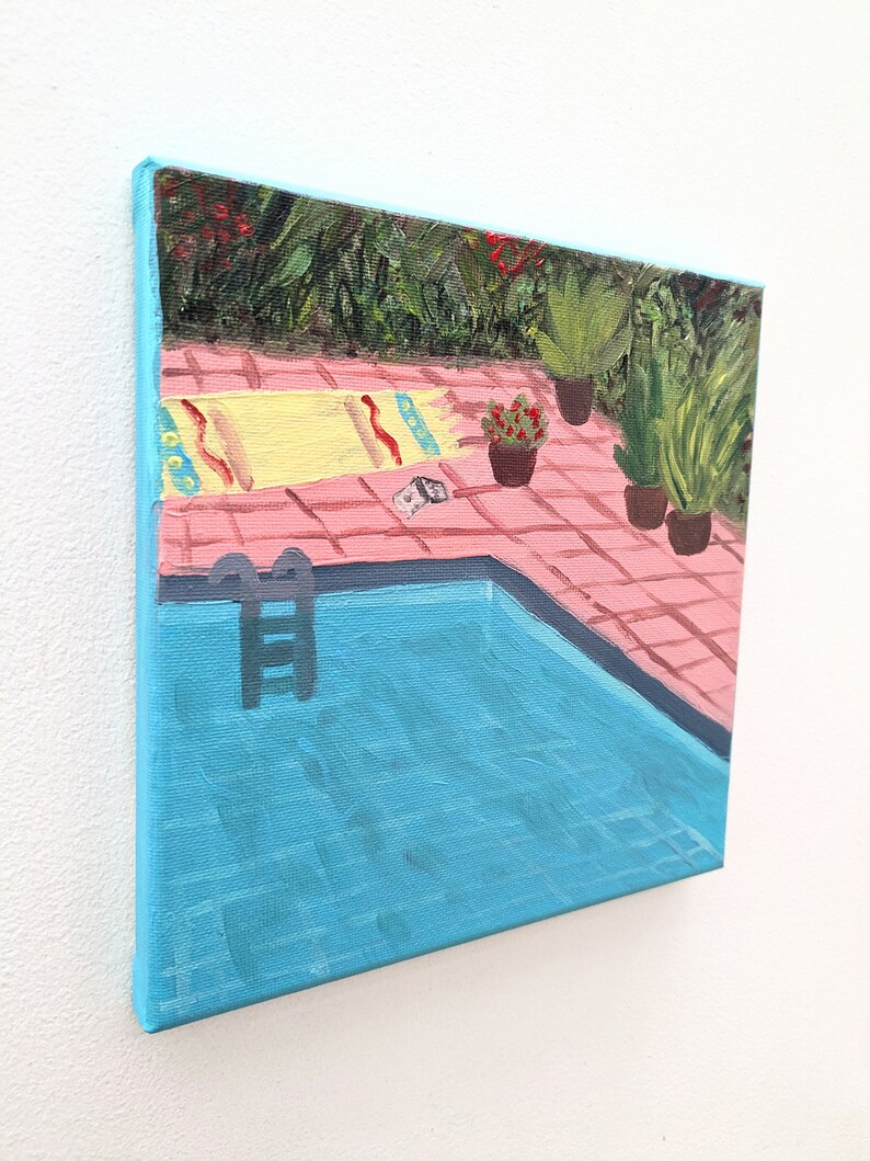 Swimming pool, acrylic painting on canvas with frame, 20 x 20 cm, original work of art image 3