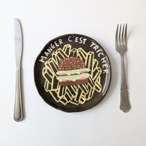 Handmade ceramic plate with hamburger design, unique piece image 1