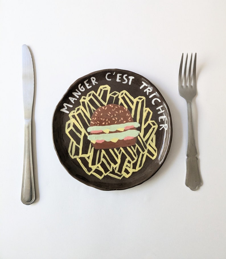 Handmade ceramic plate with hamburger design, unique piece image 1