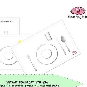 May include: Printable PDF activity for kids to learn how to set the table. The activity includes two pages with place settings and one page with cut-out pieces to match.
