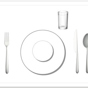May include: A white plate with a smaller white plate inside, a silver fork, a silver knife, a silver spoon, and a clear glass.