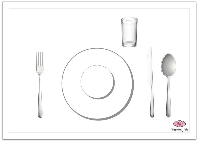 May include: A white plate with a smaller white plate inside, a silver fork, a silver knife, a silver spoon, and a clear glass.