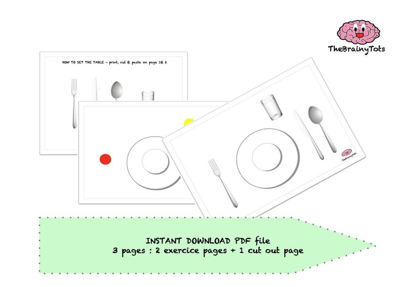 May include: Printable PDF activity for kids to learn how to set the table. The activity includes two pages with place settings and one page with cut-out pieces to match.