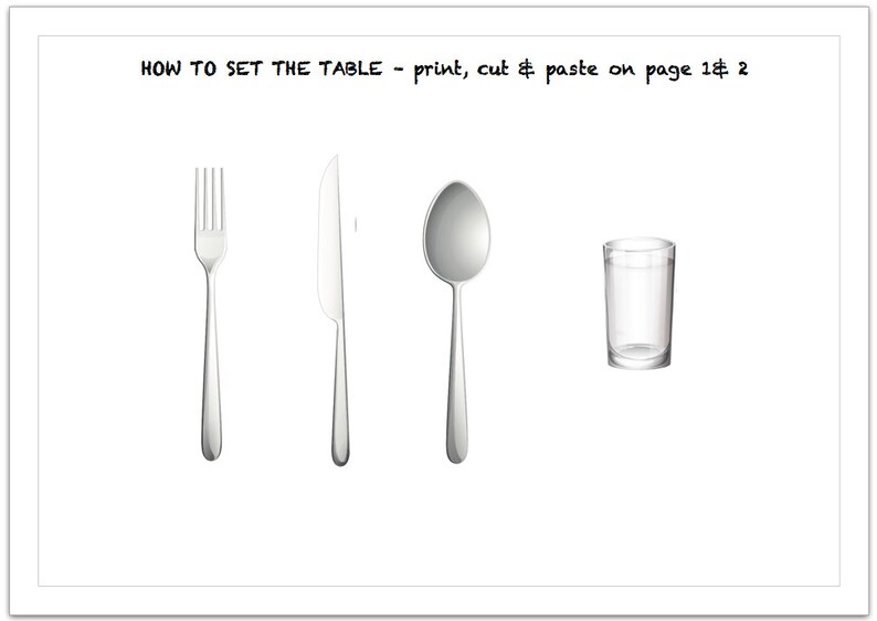 May include: A printable table setting guide with instructions to cut and paste on page 1 and 2. The guide shows a fork, knife, spoon, and glass.
