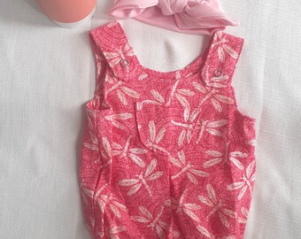 Preemie Dragonfly Summer Romper with Pink Headband