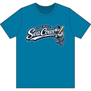 May include: Teal t-shirt featuring the text "Juno Beach Sea Cows" in a stylized script. The design includes a cartoon manatee wearing a baseball cap and holding a bat. The shirt is a solid teal color.