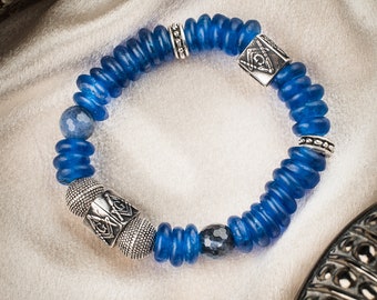Masonic Cobalt Blue Beaded Stretch Bracelet: Men's Freemason Jewelry